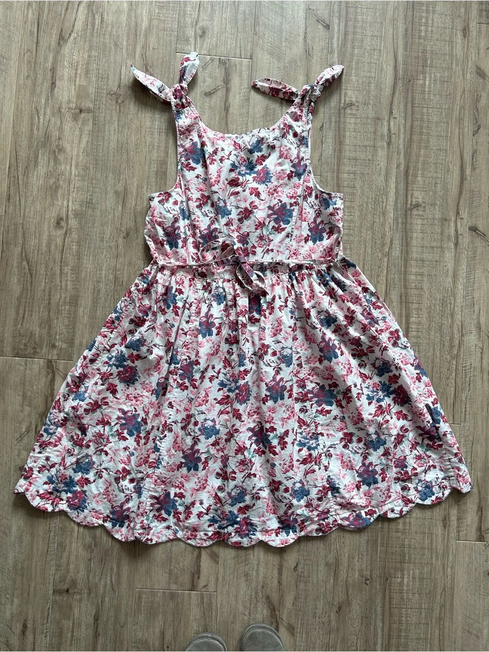 Cotton Floral Tie-Shoulder Sundress flower scalloped hem pockets small shop - Picture 5 of 9